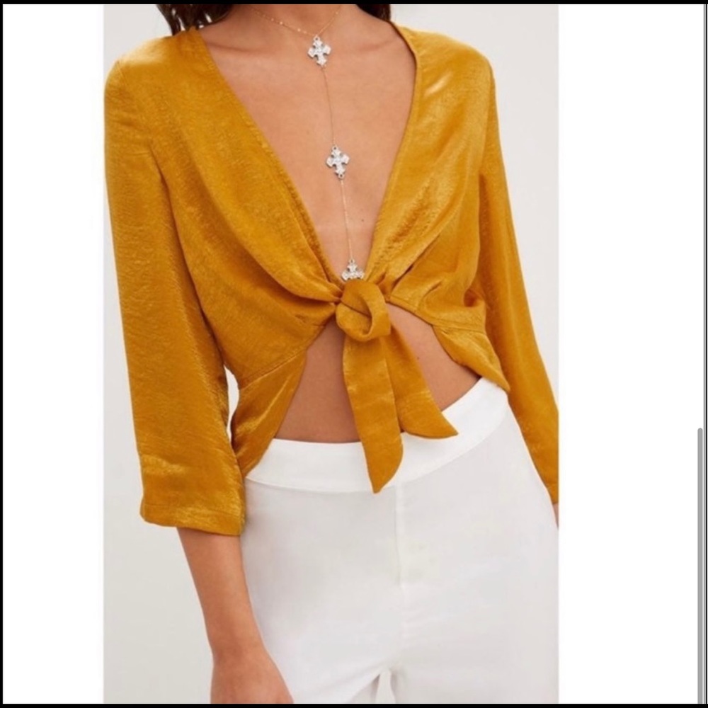 PrettyLittleThing Tie Front yellow gold Crop Top flare sleeve tie front deep V